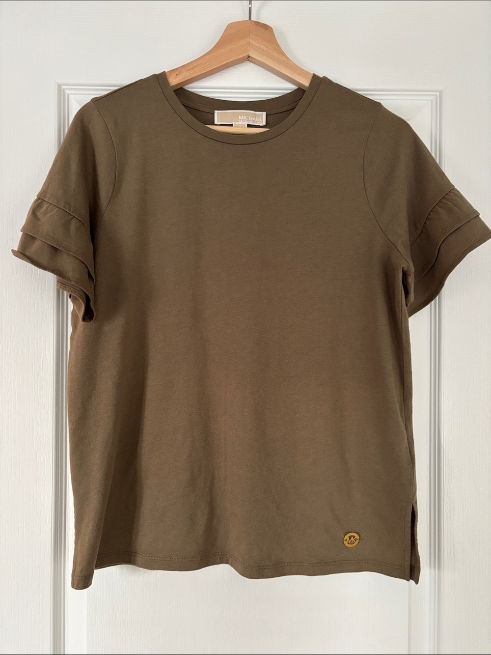 Michael Kors Olive-Tone Short Sleeve Ruffle Tee